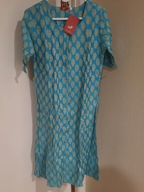 Teal Button-Front Kurti Dress with Paisley Gold Print Size Large NEW